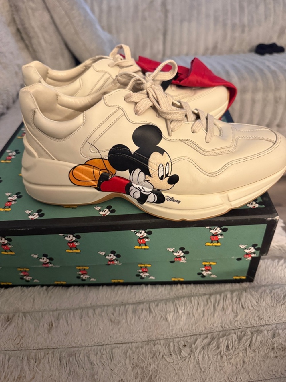 Gucci White Leather Sneakers with Mickey Mouse Graphic